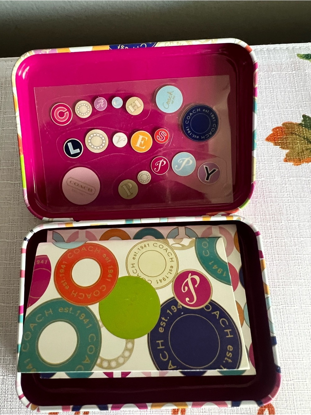 Coach Poppy Multicolor Tin Case Stickers & Mini Notepads in Hot Pink Interior